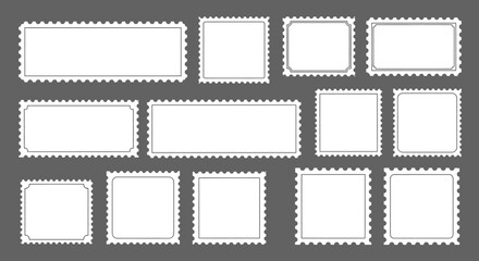 Collection of Blank Postage Stamp Frames with Perforated Edges on Gray Background
