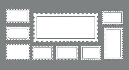 Collection of Blank Postage Stamp Templates with Perforated Edges on Gray Background