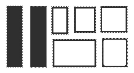 Collection of Various Postage Stamp Shapes with Perforated Edges on White Background