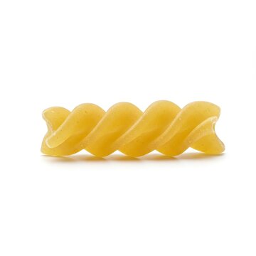 Single uncooked piece of fusillo pasta with a spiral shape against a clean white backdrop, emphasizing the food ingredient texture and form, semolina, spiral, studio