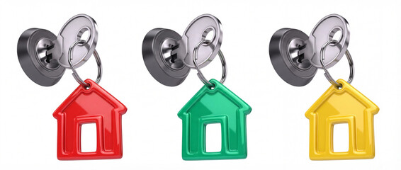 Three colorful house shaped keychains on keys in locks on a pure white background
