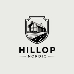 Fototapeta premium Logo design featuring a house and road in a shield shape with text