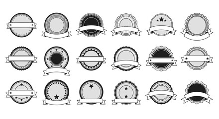 Collection of Circular Badges and Seals with Ribbons and Stars, Vector Graphics © Nanda