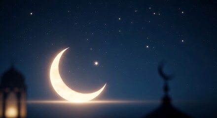 Naklejka premium Crescent moon and stars in night sky with mosque silhouettes
