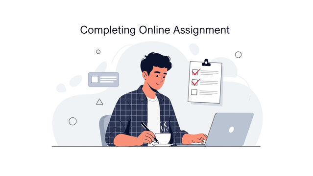 Man Completing Online Assignment on Laptop with Coffee