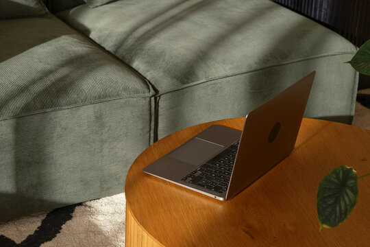 Laptop on cozy living room 