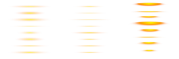 Set of glowing yellow horizontal light effects and futuristic lens flares for digital interface