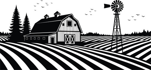 Black silhouette rural farm landscape vector illustration, traditional barn windmill and cultivated fields scene, countryside agriculture nature view isolated on white background © Aron