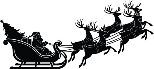 Black silhouette Santa Claus flying sleigh with reindeer vector illustration, classic Christmas holiday scene with gifts, festive winter character isolated on white background © Aron