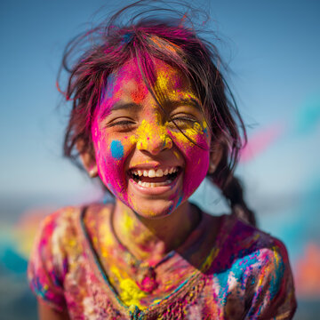 Joyful Girl Playing with Colorful Powder During Indian Holi Festival, ai generated