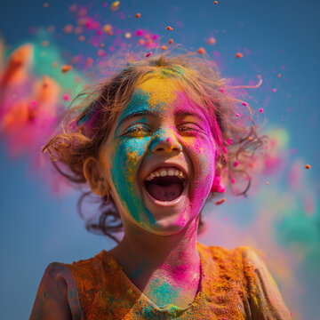 Joyful Girl Playing with Colorful Powder During Indian Holi Festival, ai generated