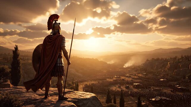 Epic Ancient Greek Warrior Commander Overlooking Vast Army Formation at Sunset
