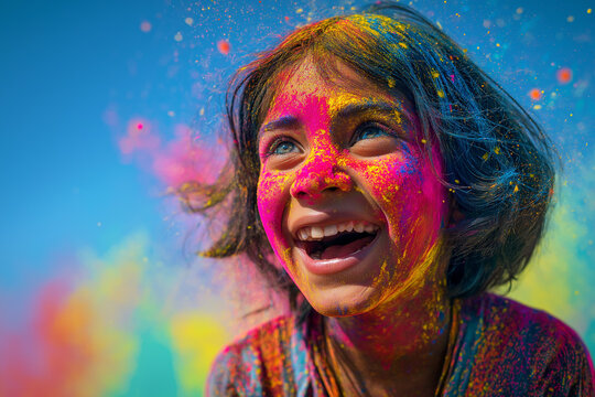 Joyful Girl Playing with Colorful Powder During Indian Holi Festival, ai generated
