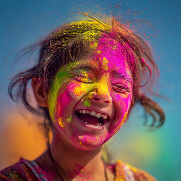 Joyful Girl Playing with Colorful Powder During Indian Holi Festival, ai generated