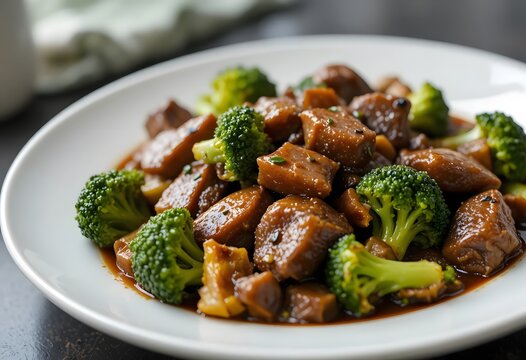 Delicious beef and broccoli stir fry dish served on a white plate. beef and broccoli stir fry
