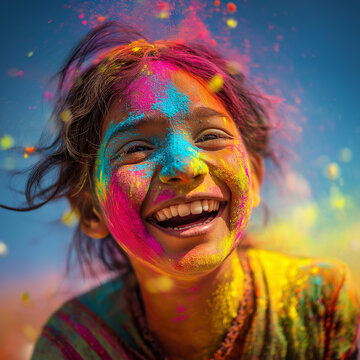 Joyful Girl Playing with Colorful Powder During Indian Holi Festival, ai generated