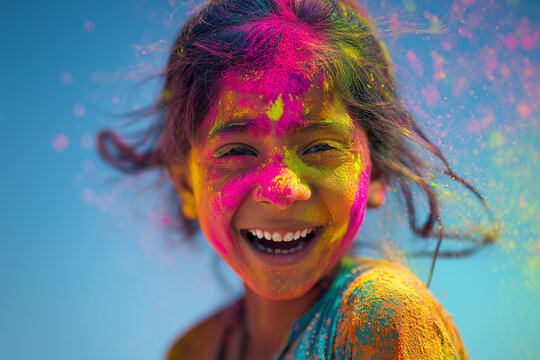 Joyful Girl Playing with Colorful Powder During Indian Holi Festival, ai generated
