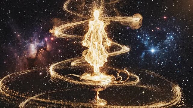 Magical Genie Lamp Unleashing Cosmic Energy and a Celestial Being.