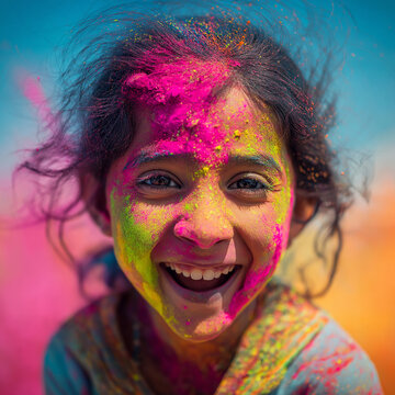Joyful Girl Playing with Colorful Powder During Indian Holi Festival, ai generated