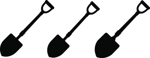 Black silhouette shovel icons, garden tool vector set, digging equipment illustration, isolated spade shapes, landscaping design elements, farming graphics © Aron