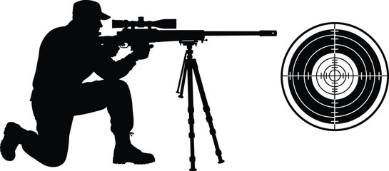Black silhouette sniper aiming rifle vector illustration, military shooter with scope on tripod, target practice concept, tactical shooting precision icon design © Aron