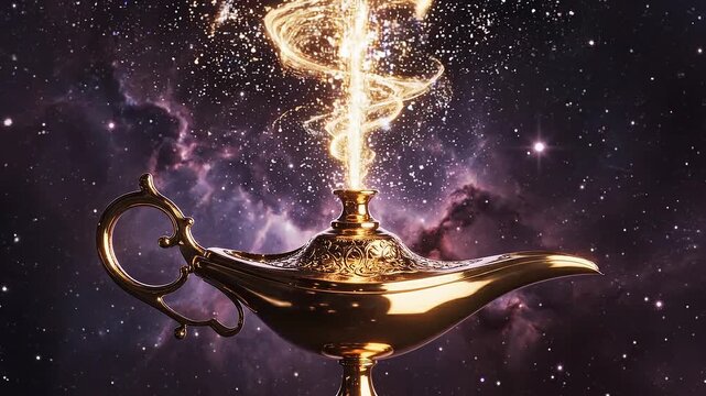 Magical Genie Lamp Unleashing Golden Energy in Cosmic Nebula.