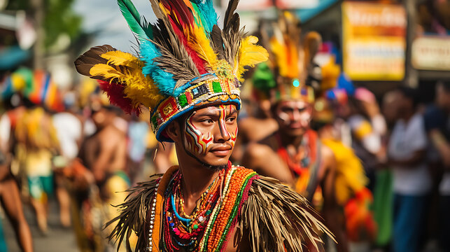 Tribal man in vibrant headdress and traditional attire participating in a cultural festival parade
