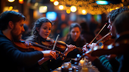 Fototapeta premium Musicians playing violins together at a lively outdoor evening gathering