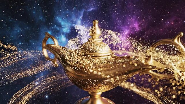 Magical Golden Genie Lamp Floating in Cosmic Galaxy with Sparkles.
