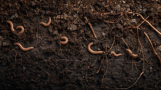 A group of earthworms crawling in the soil. Showing the worms and the cross-section of earth