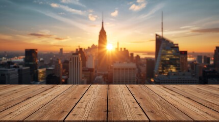 Naklejka premium A cityscape bathed in warm sunlight, with a wooden surface in the foreground