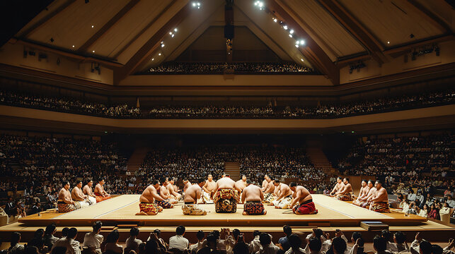 Sumo wrestlers performing a ritualistic ceremony in a grand arena filled with spectators, highlighting Japanese culture and tradition