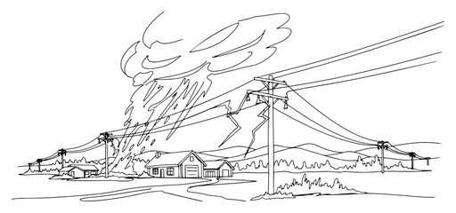 Extreme weather storm with lightning strike and tornado hitting power lines near residential house © ----WWWLINE----