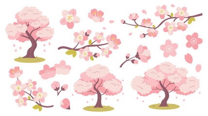 Beautiful vector set of hand-drawn sakura elements: blooming branches, individual cherry blossoms, and falling petals. Perfect for spring-themed branding, wedding invitations, and Japanese culture des © Moonberry_Studio