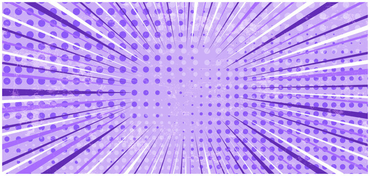 Abstract grunge light purple striped retro comic background with halftone corners and textured overlay. Pastel lilac violet backdrop with stripes and half tone pattern for advertising design, poster