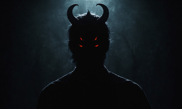 horned skinwalker creature with four glowing red eyes standing in a dark misty forest during the night with a pale light source.