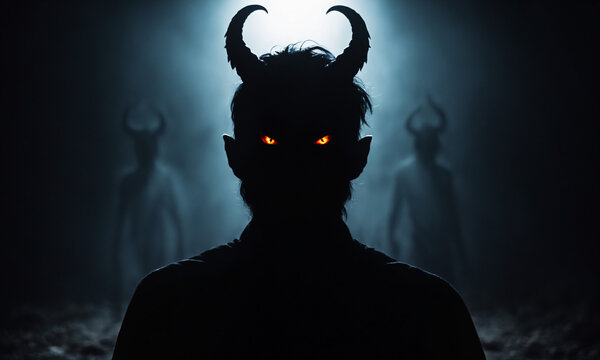 silhouette of a horned demon with bright red eyes standing in a foggy underground tunnel with mysterious skinwalker figures in the background.