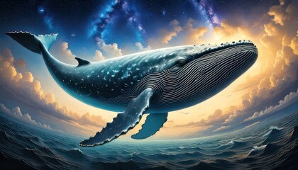 Majestic Whale Soaring Through a Dreamlike Ocean and Sky.