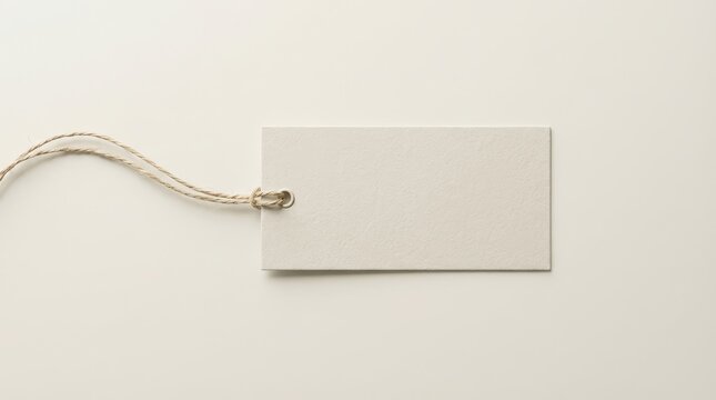 Blank white paper tag with twine on plain background