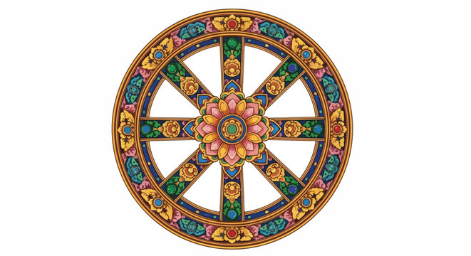 Colorful Dharmachakra Wheel Buddhist Symbol.