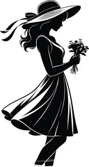 Fototapeta premium Elegant Woman Silhouette Holding Flowers Wearing Hat Isolated on White Vector Illustration