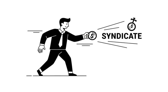 Businessman collecting coins with dollar and female symbol, illustrating financial syndicates and business ventures with a modern, minimalist art style