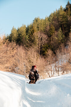 Walk with dog in winter forest