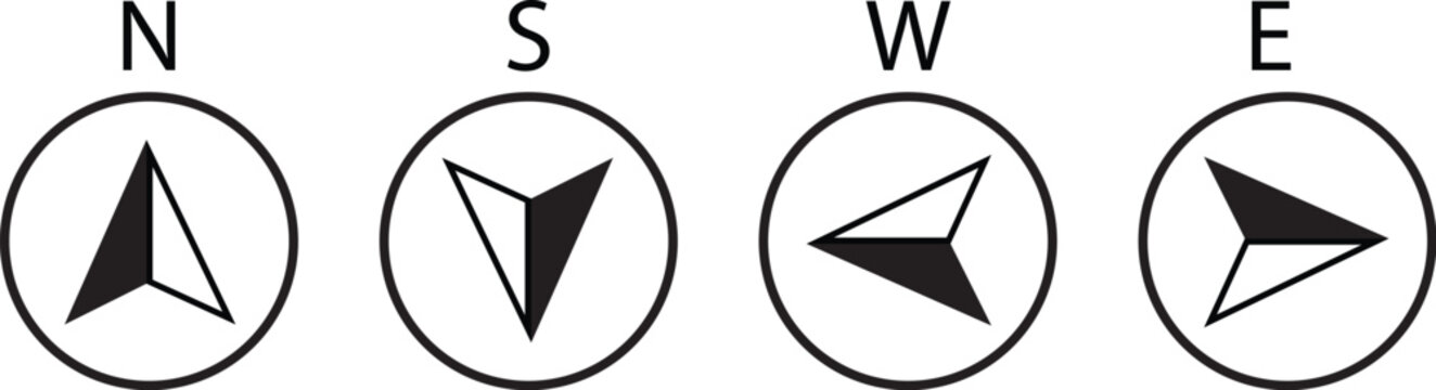 Set of four black compass icons for navigation and direction