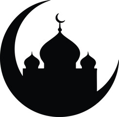Black silhouette of a mosque with domes and minarets within a crescent moon on a white background © MD. IDRICH