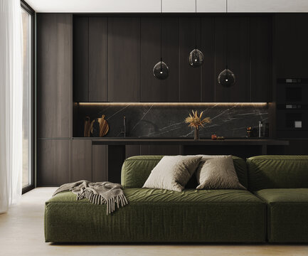 Luxurious dark studio with dark wooden kitchen and green sofa