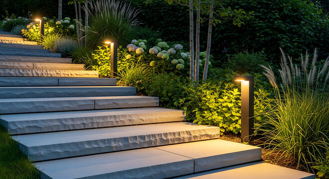 Elegant outdoor stone staircase beautifully lit at dusk, featuring modern garden lights illuminating lush plants and creating a serene, inviting atmosphere in a contemporary landscape design