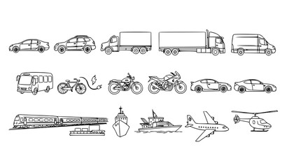Sketch Style Transportation Vehicle Icons Automotive Concept Vector Illustration Pack