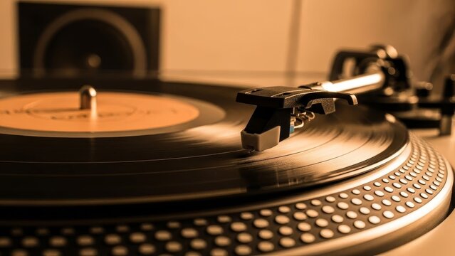 Vintage Vinyl Record Player Turntable with Stylus on Spinning Disc, Close-up Retro Audio Equipment Photography for Music Lovers and Nostalgia Enthusiasts