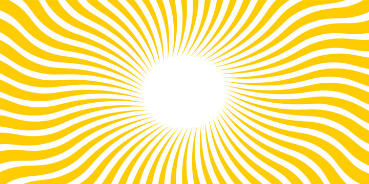 Yellow sun with wavy rays background. Poster with sunburst, sunrise or sunset in trendy 60 s 70s 80s groovy style. Preppy summer theme background. Modern psychedelic print. Vector flat illustration.